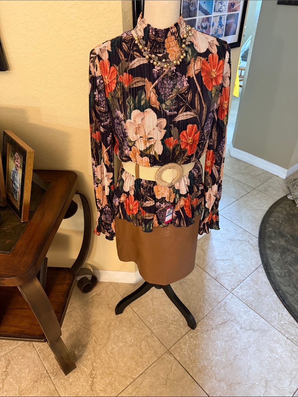Chico's Navy Floral Pleated Ruffle-Neck Blouse